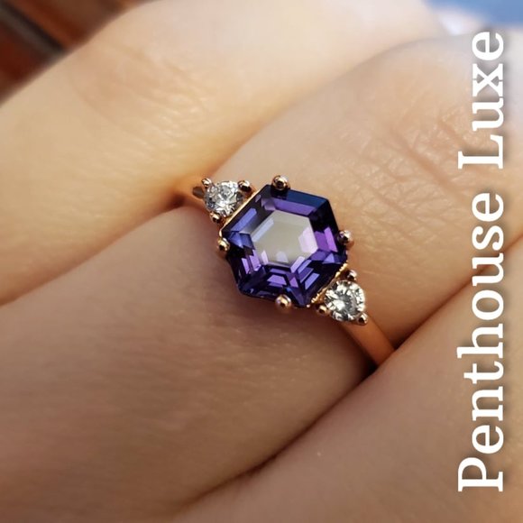 REAL 2ct Alexandrite Hexagon White Topaz Ring - Picture 6 of 7